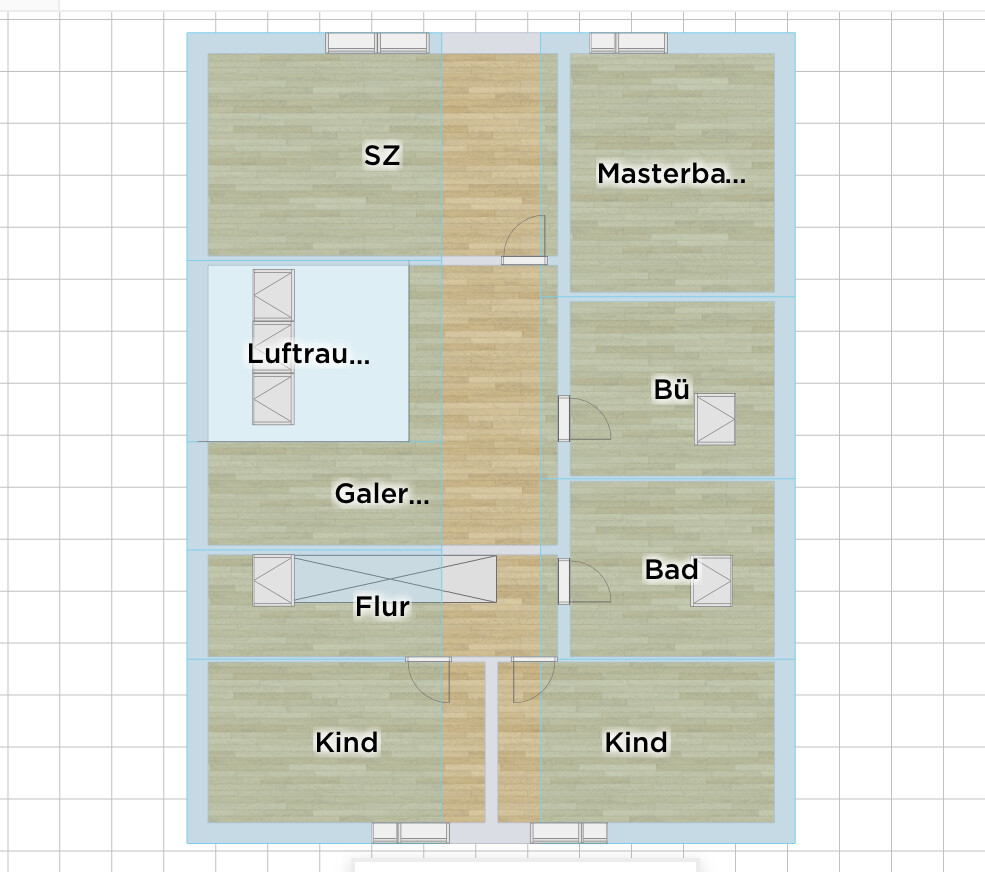 Grundriss: linke Seite SZ, Luftraum, Galerie, Flur; rechte Seite Masterbad, Büro, Bad, 2 Kinderzimmer