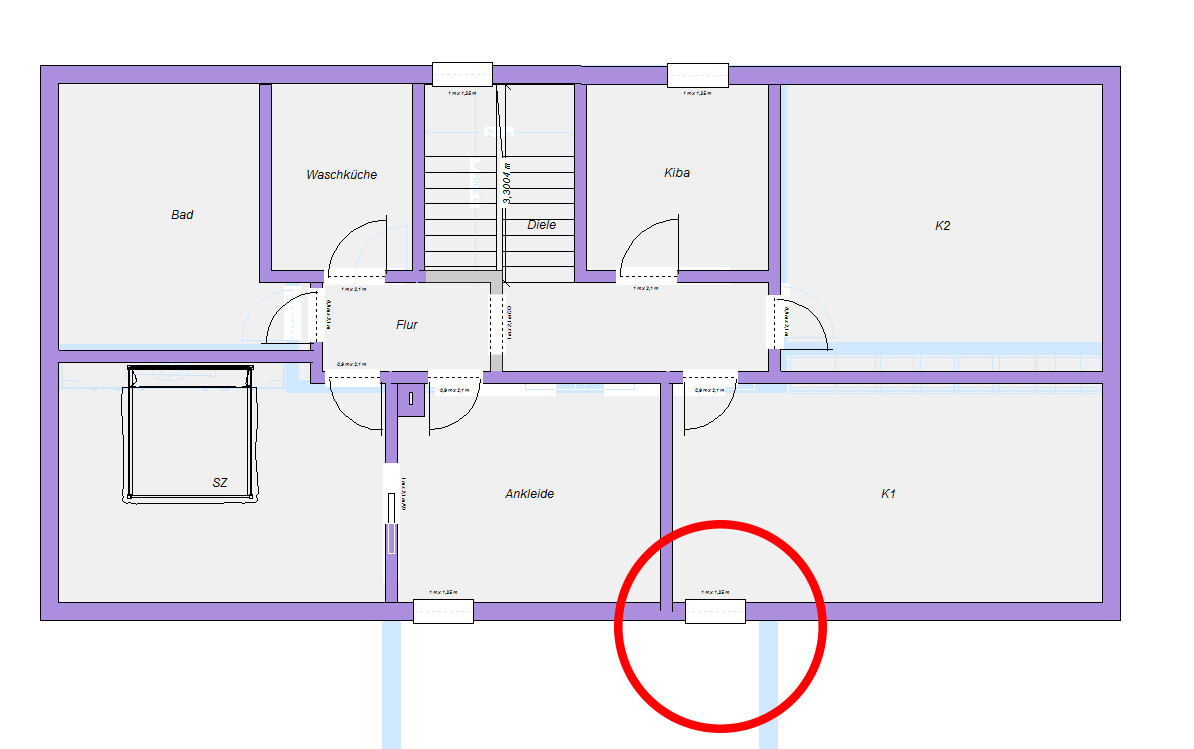 Grundriss eines Hauses mit Bad, Waschküche, Flur, Diele, Ankleide, SZ, K1, K2, Kiba; roter Kreis