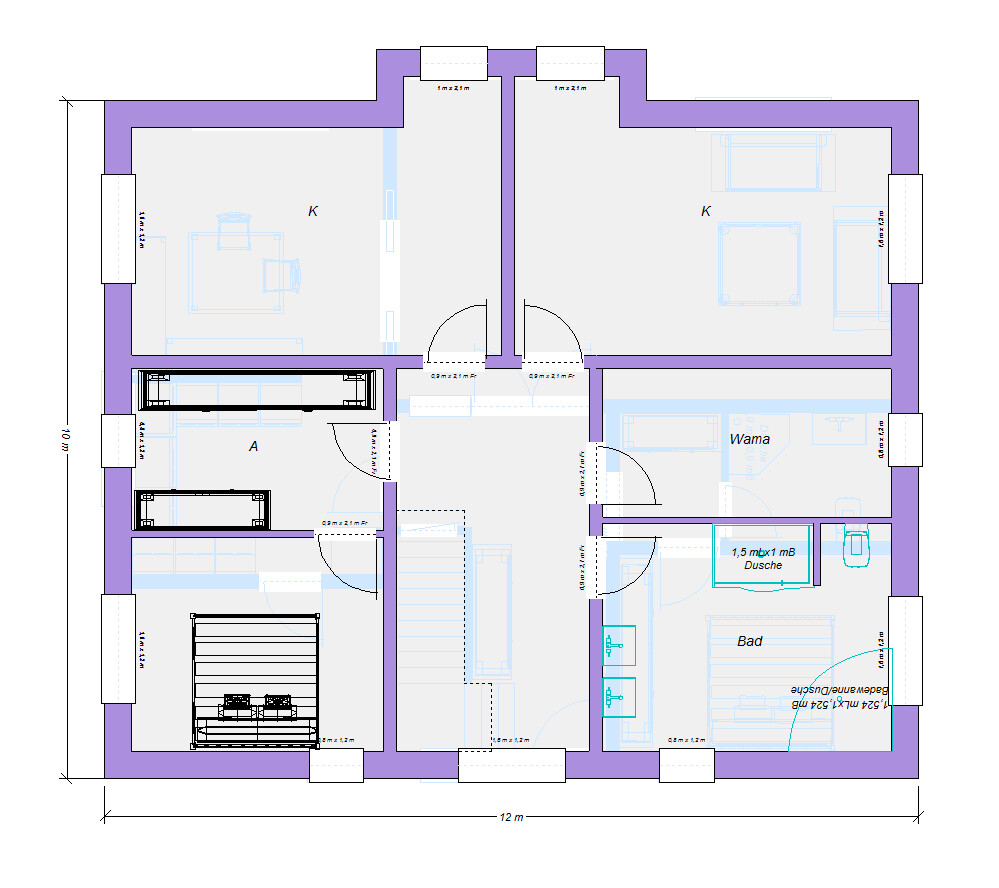 Grundriss eines Hauses mit zentraler Treppe, zwei großen Zimmern oben, Bad, Dusche und Waschküche.