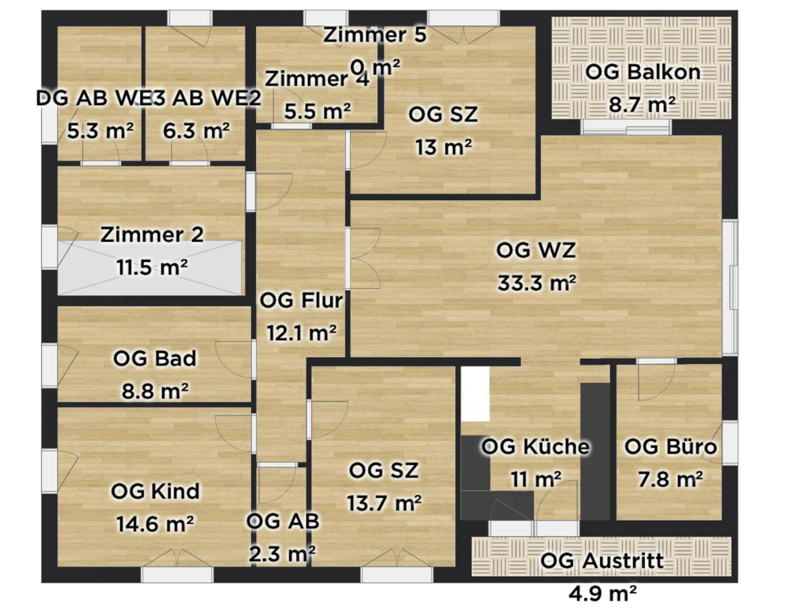 2D-Grundriss eines Wohnhauses mit Zimmern, Flur, Küche und Balkon