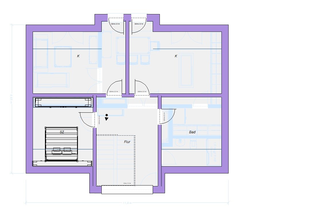 Grundriss eines Apartments: Flur mit Treppe, Bad, SZ und zwei Küchen (K).
