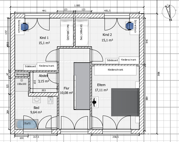 Grundriss eines Hauses mit zwei Kinderzimmern, Elternzimmer, Bad und Flur.