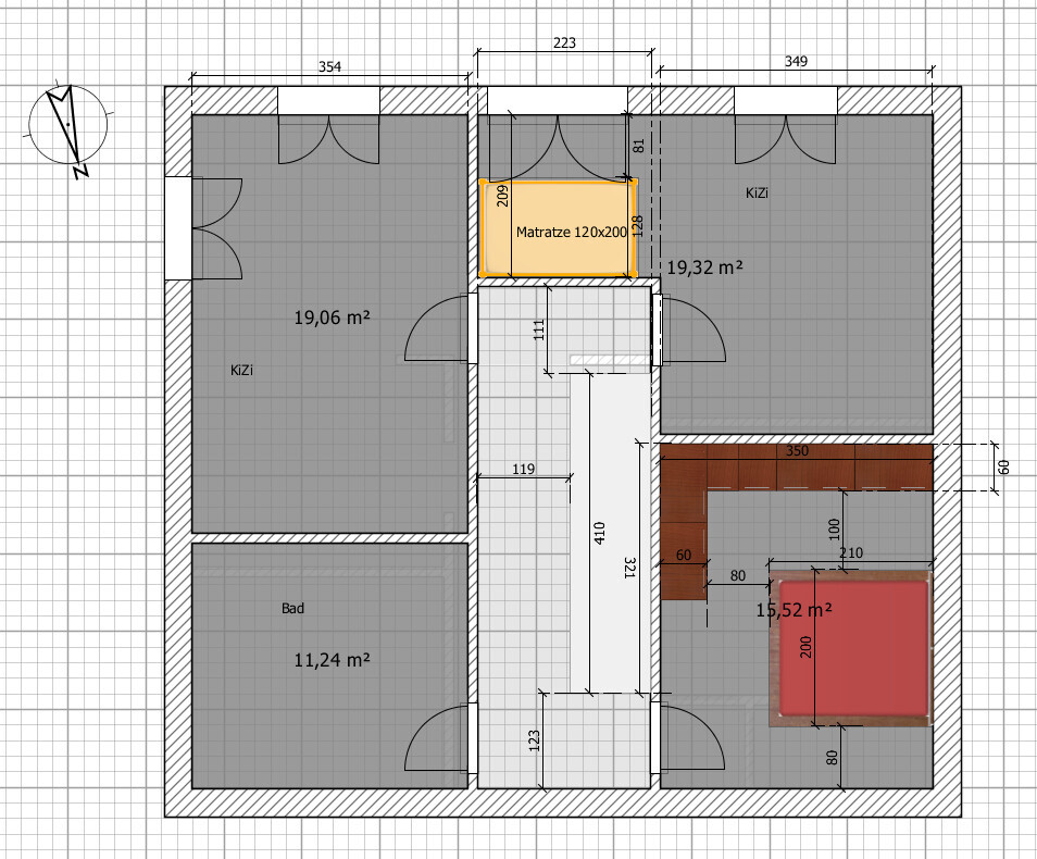 Grundriss einer Wohnung: zwei Kinderzimmer, Bad, Flur, markierte Matratze 120x200.