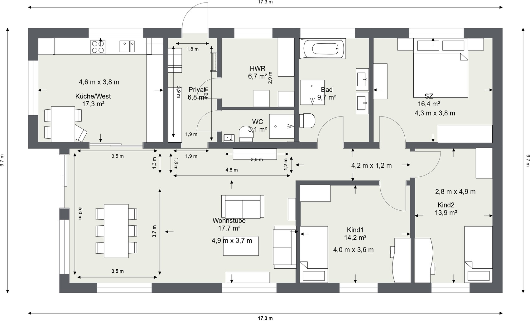 Grundriss eines Hauses: Küche/West, Wohnstube, HWR, Bad, WC, SZ, Kind1, Kind2.