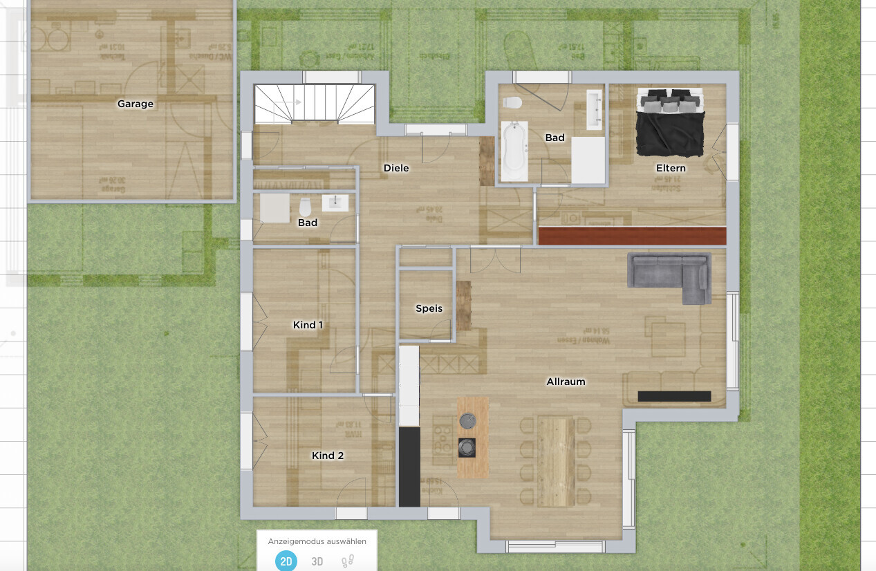 Hausgrundriss mit Garage links, Diele, Bad, Elternzimmer, Allraum, Speis, Kinderzimmer.