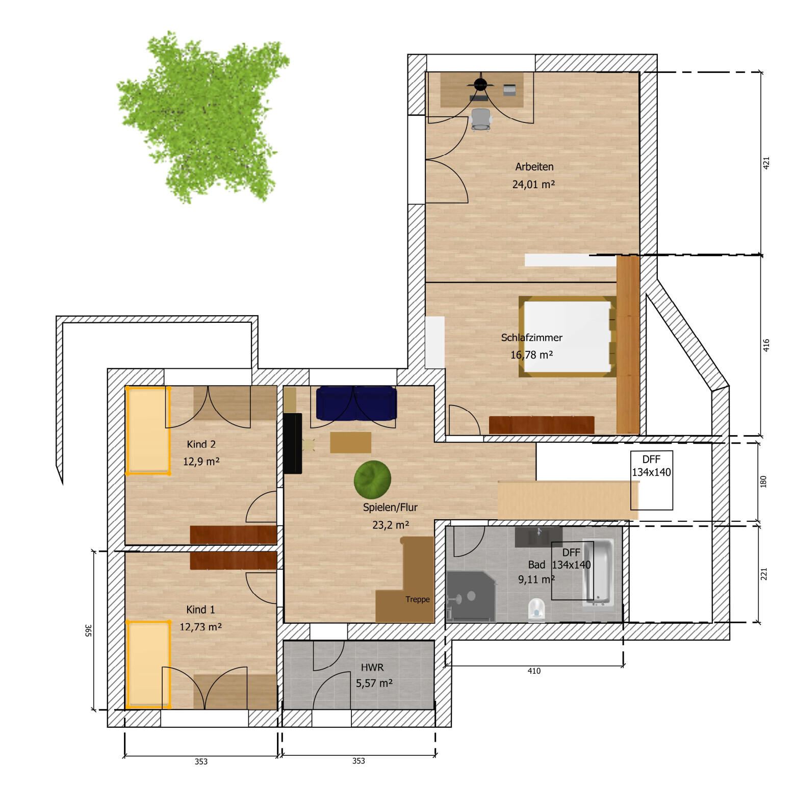 Grundriss eines Wohnhauses: Arbeiten, Schlafzimmer, Kind 1, Kind 2, Flur, Bad, HWR, Treppe.