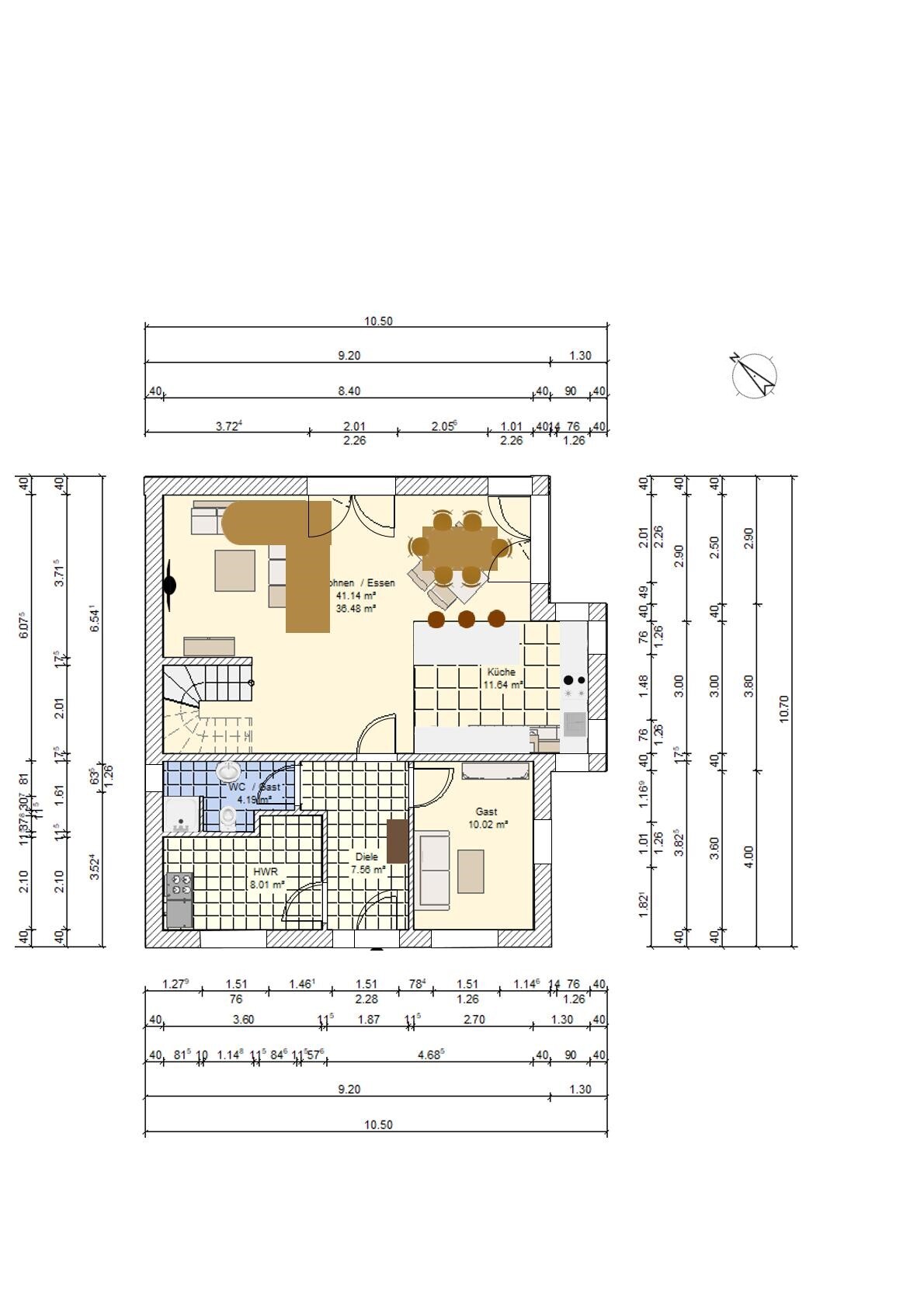 2D-Grundriss eines Hauses mit Küche, Essbereich und Gästezimmer