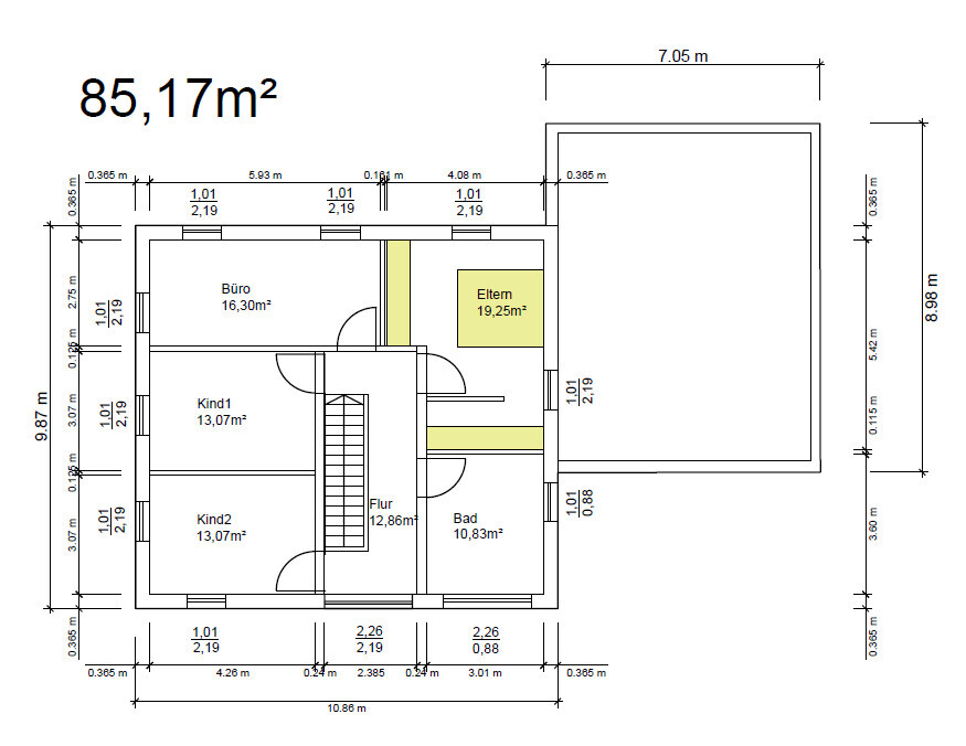 Grundriss eines Hauses: Büro, Eltern, Kind 1, Kind 2, Bad, Flur; 85,17 m².