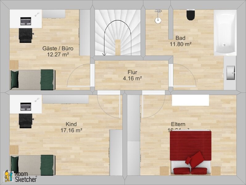 Grundriss eines Hauses: zentrale Treppe, Flur, Gäste/Büro, Bad, Kind- und Elternzimmer.