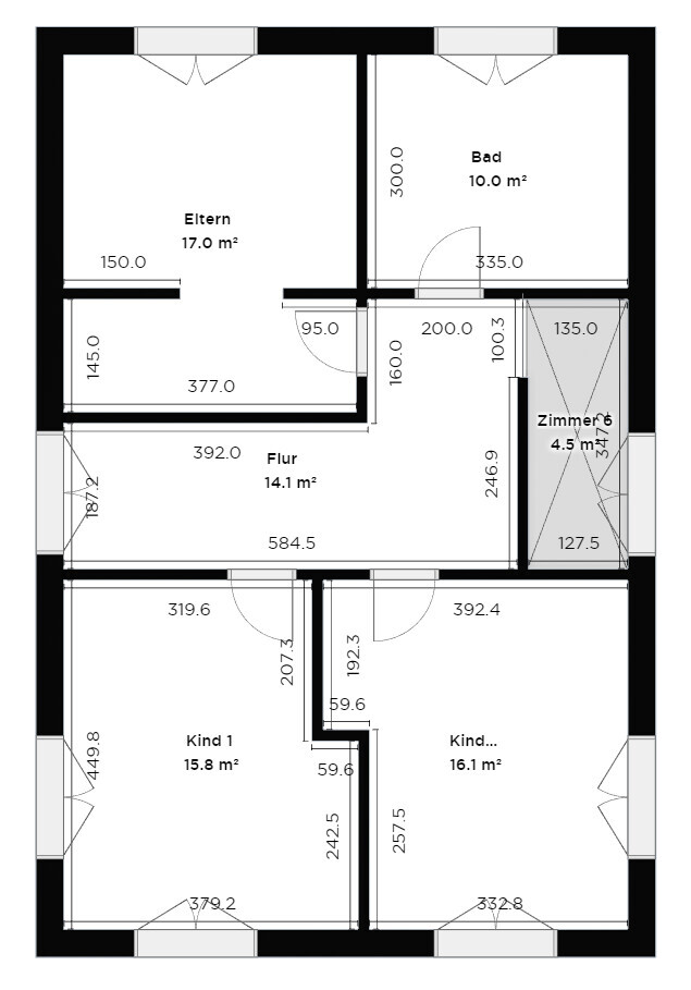 Grundriss eines Hauses: Flur, Elternzimmer, Bad, zwei Kinderzimmer, Zimmer 6.