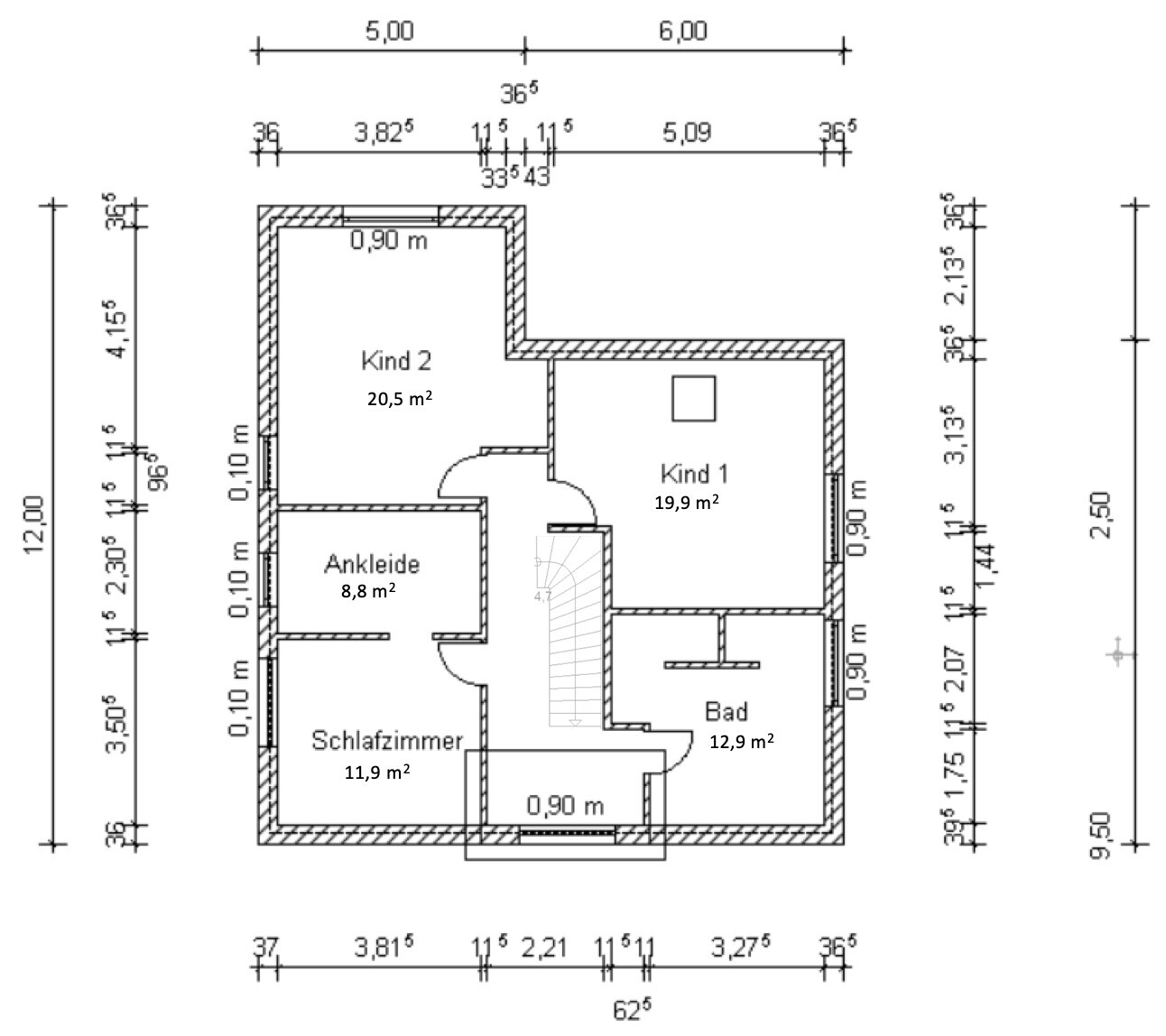 Grundriss eines Obergeschosses mit zwei Kinderzimmern, Schlafzimmer, Ankleide und Bad sowie Treppe.