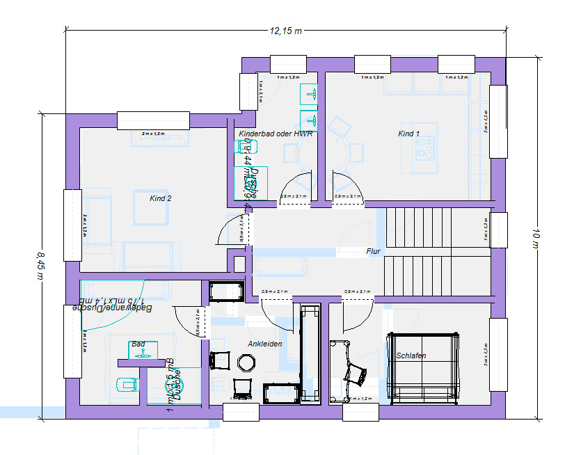 Grundriss eines Hauses: Flur, Schlafen, Ankleiden, Bad, Küche, zwei Kinderzimmer und Treppen.