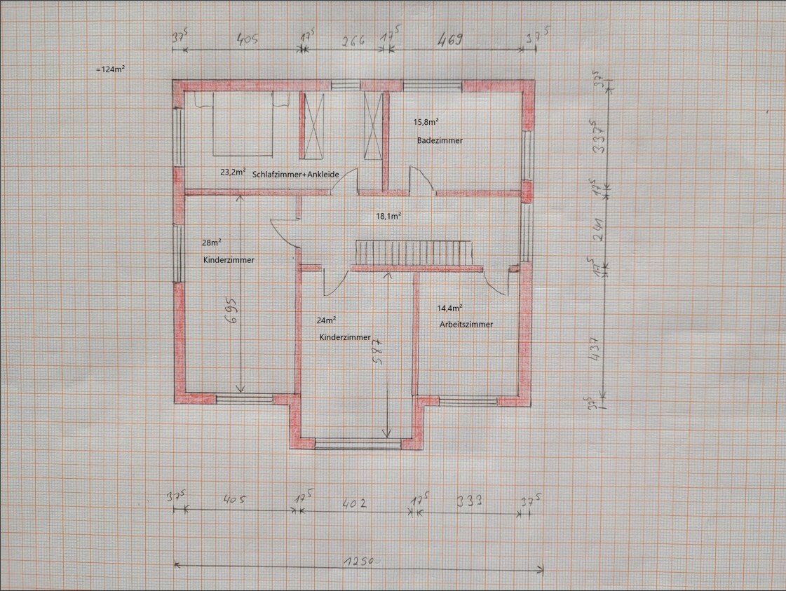 Grundriss eines Hauses: Schlafzimmer mit Ankleide, Badezimmer, Arbeitszimmer, Kinderzimmer, Flur.