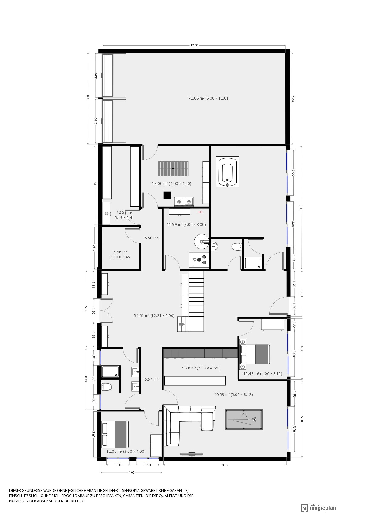 Grundriss eines Hauses mit Wohnbereich, Küche, Bad, Schlafzimmer, Treppe und Poolbillardtisch.