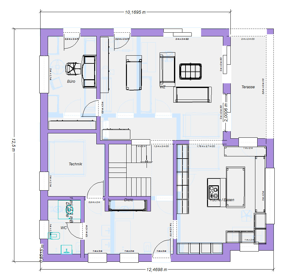 Grundriss eines Hauses: Büro, Technik, WC, Diele, Küche/Essen, Wohnzimmer, Terrasse.