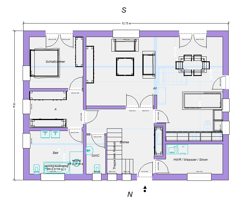 Grundriss eines Wohnhauses mit Schlafzimmer, Bad, Küche, Wohnzimmer, Essbereich und HWR.