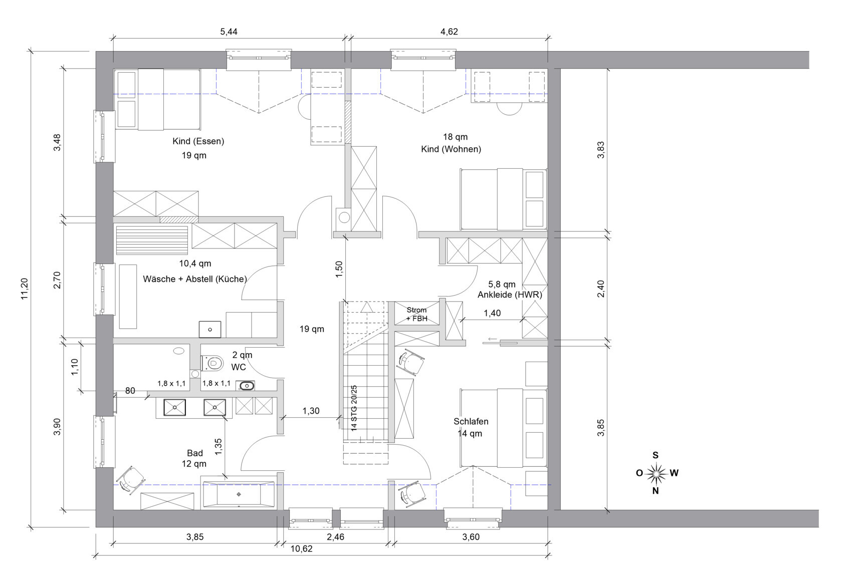 Grundriss eines Hauses mit Küche/Wäsche, Bad, WC, Schlafen und Kindräume.