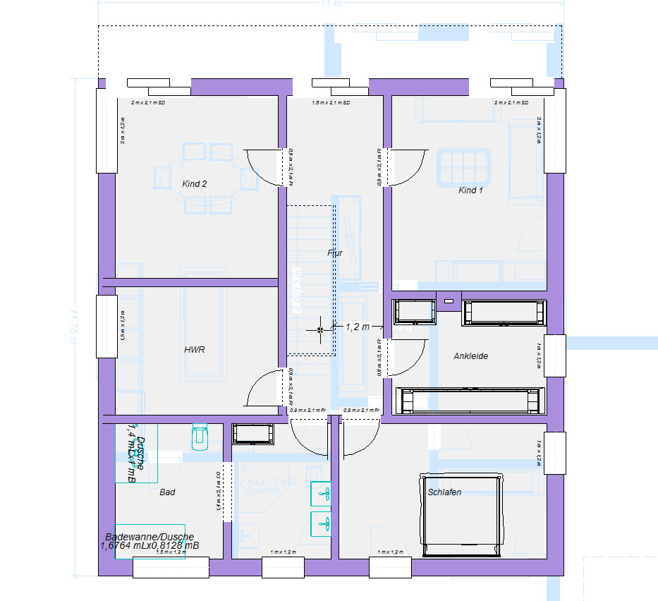 Grundriss eines Hauses mit Flur, zwei Kinderzimmer, Schlafzimmer, Ankleide, Bad, HWR.