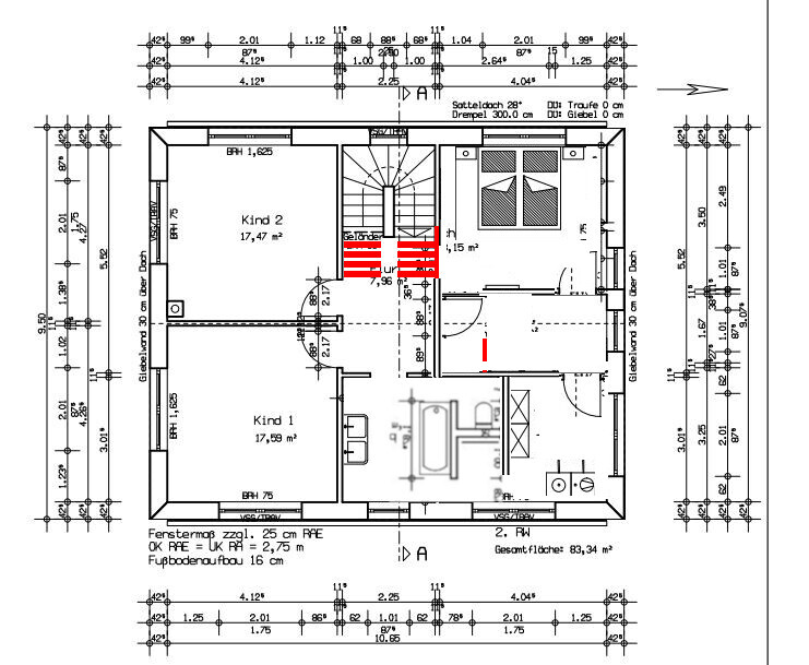 Grundriss eines Wohnhauses: Treppenhaus, Schlafzimmer, Bad, Küche, zwei Kinderzimmer.