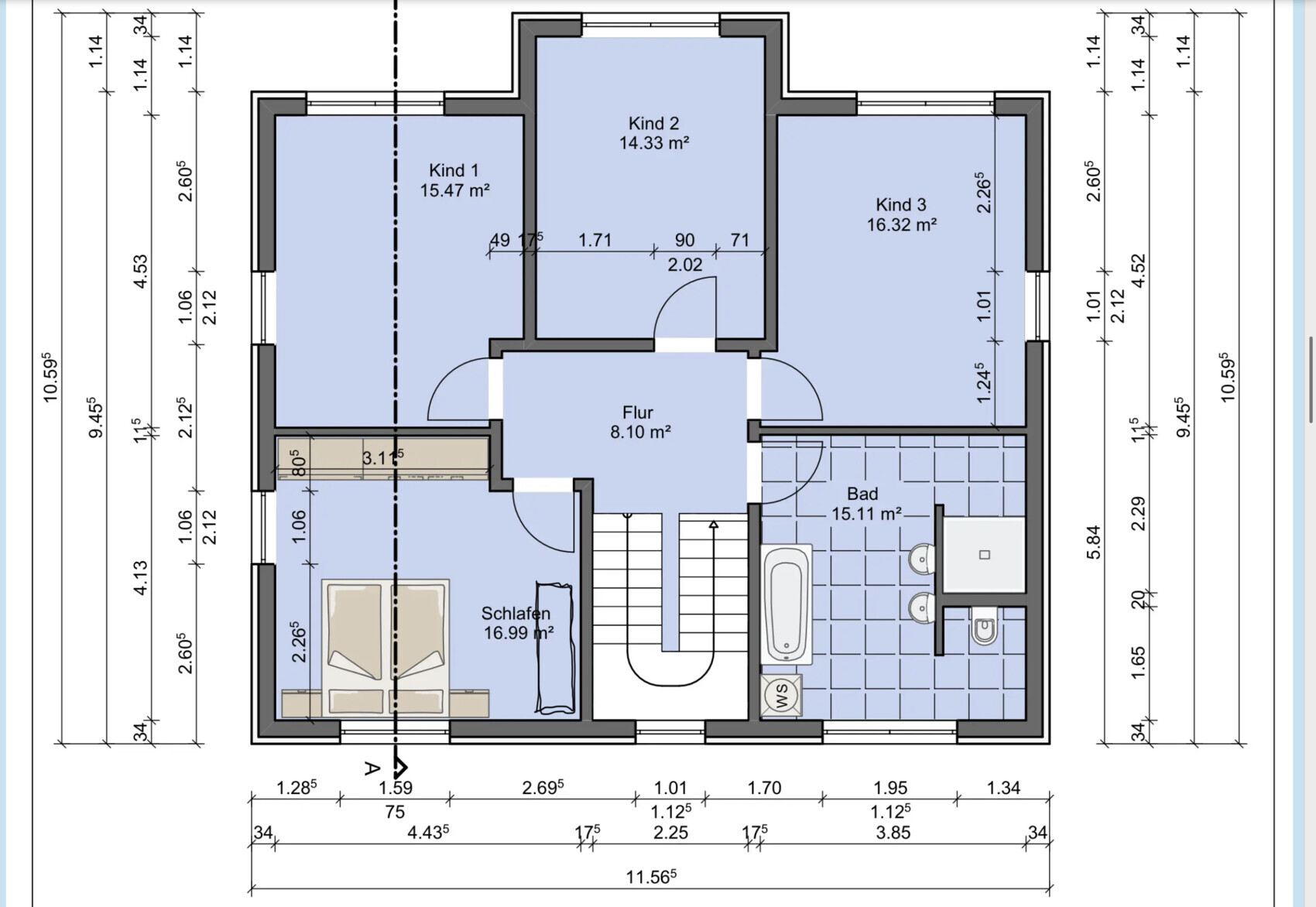Grundriss eines Hauses mit Schlafen, drei Kinderzimmer, Flur und Bad.