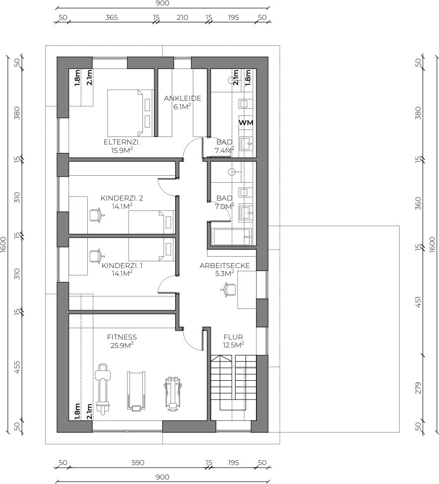 Grundriss eines Hauses: Elternzimmer, zwei Kinderzimmer, Fitnessraum, Flur, Bad, Ankleide.