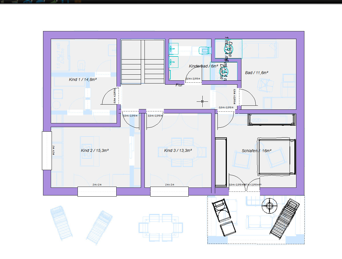 Grundriss eines Hauses mit drei Kinderzimmern, Schlafzimmer, Bad, Flur und Terrasse.