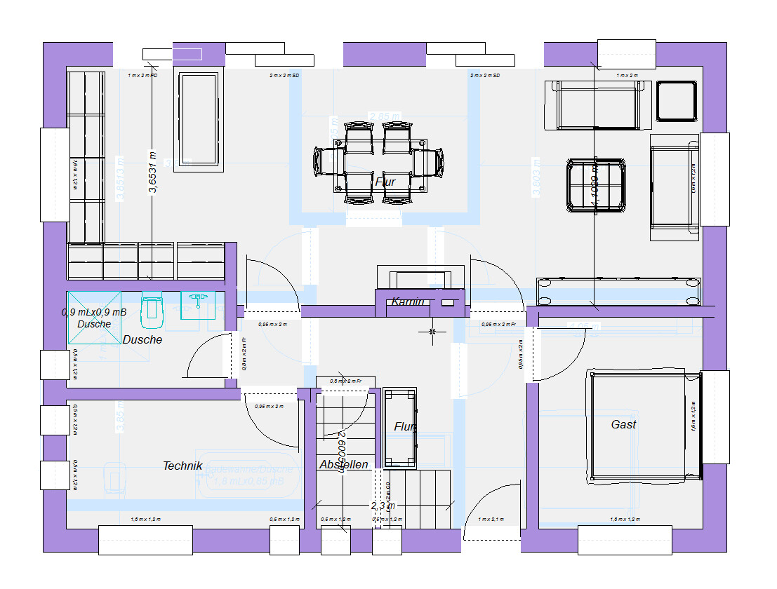 Grundriss eines Hauses: zentraler Flur Esstisch Küche Gästezimmer Technik Abstellraum und Dusche.