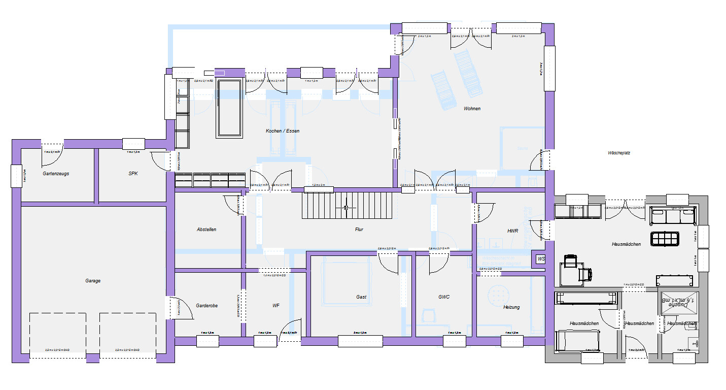 Grundriss eines Hauses: Küche, Essen, Wohnen, Flur, Garage, HWR, Heizung, Waschplatz.