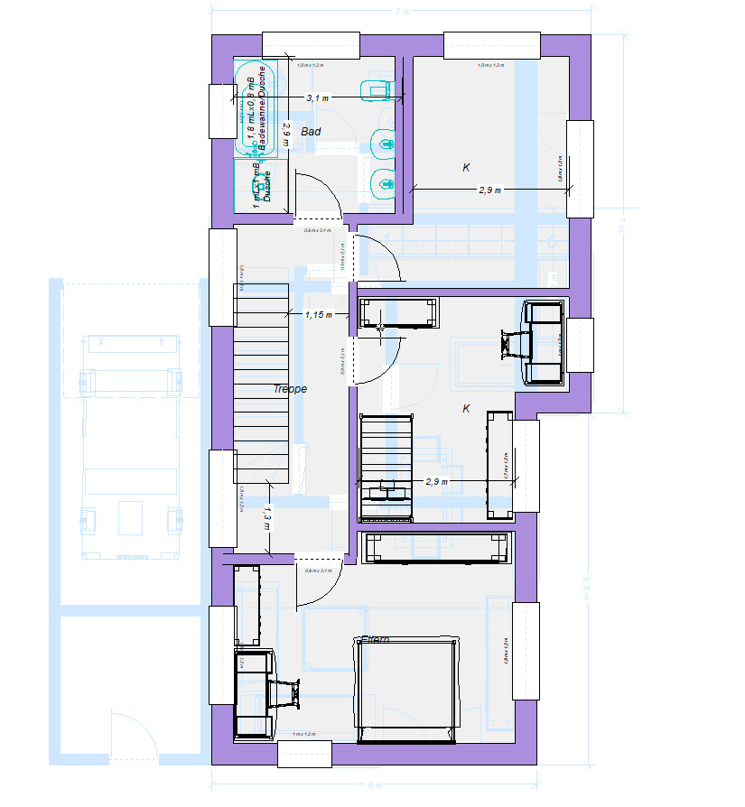 Grundriss eines Wohnhauses mit Treppe, Küche, Bad, Schlafzimmer, Flur und Türen.