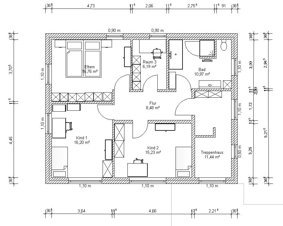 Grundriss eines Hauses mit Flur, Bad, Eltern- und Kinderzimmern, Treppenhaus