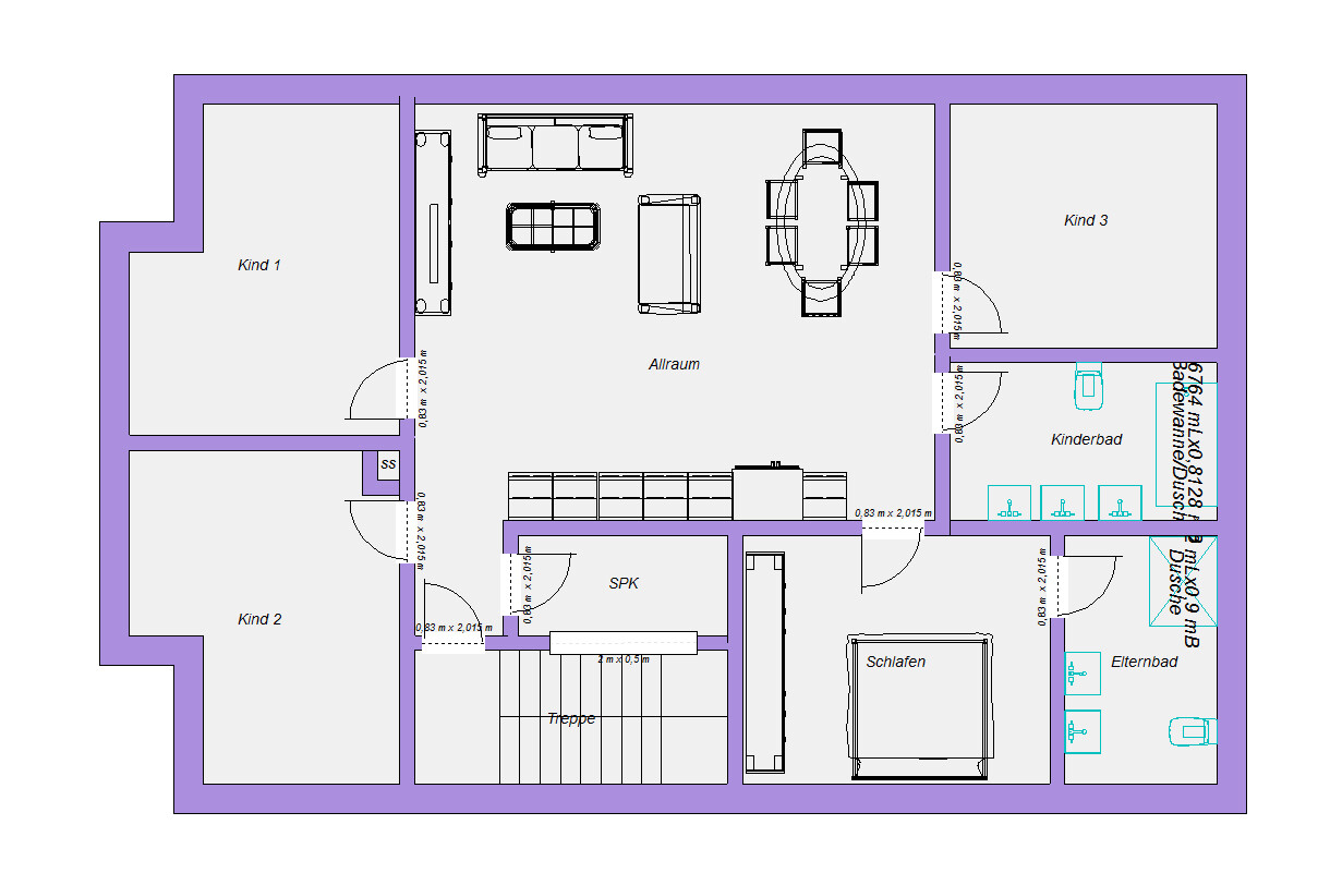 Grundriss eines Hauses: Allraum, Schlafen, drei Kinderzimmer, zwei Bäder, Treppe.