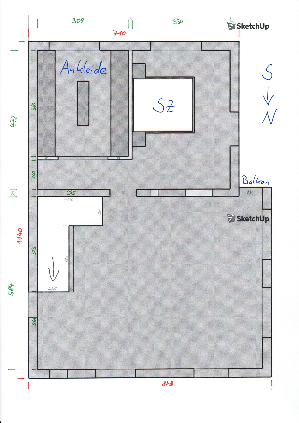 Grundriss eines Wohnraums: Ankleide, Schlafzimmer (SZ) mit Balkon und offener Fläche.