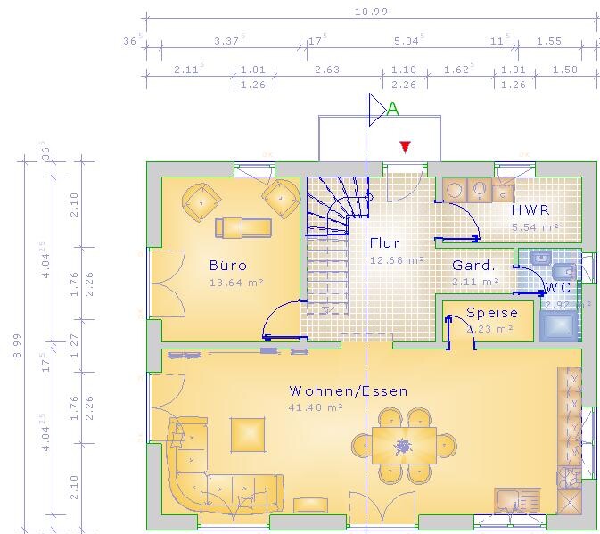 2D Grundriss eines Hauses mit Büro, Wohn- und Essbereich, Speise und Flur