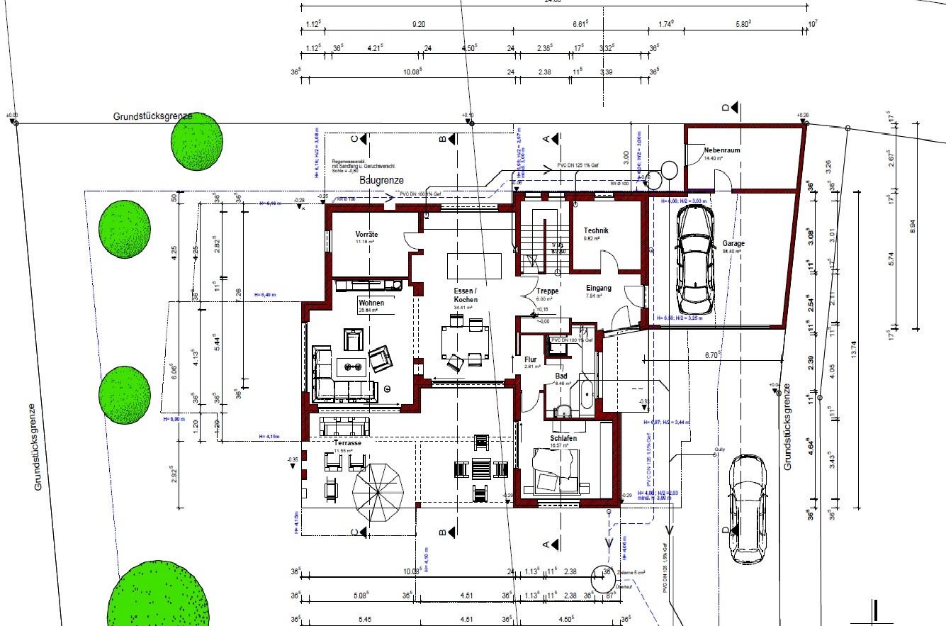 2D-Grundrissplan eines Einfamilienhauses mit Garage, Wohn- und Essbereich