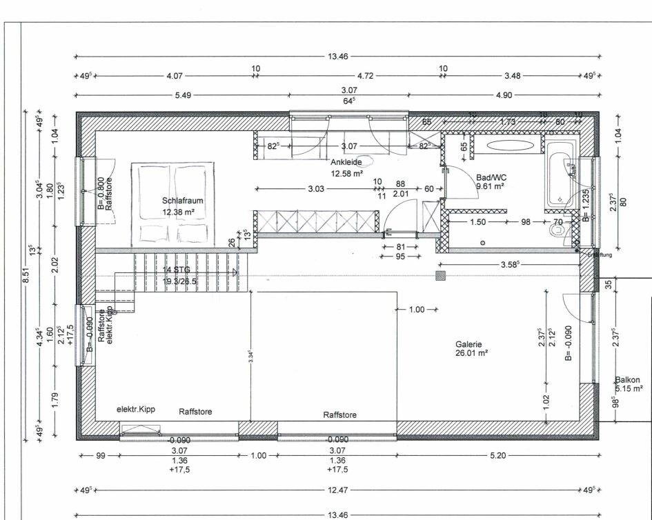Detaillierter Grundriss eines Hauses mit Schlafzimmer, Bad, Galerie und Balkon.