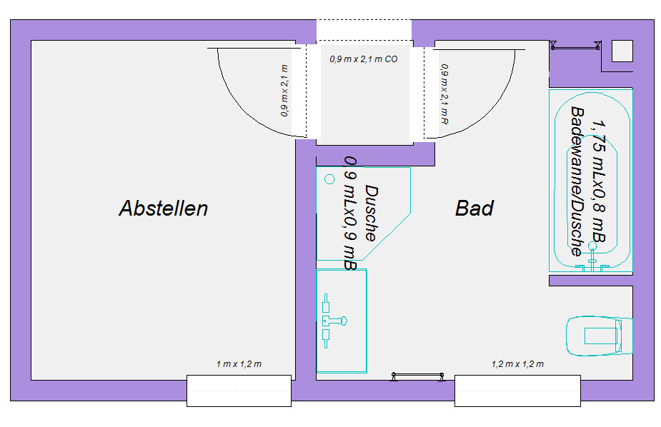 Grundriss eines Badezimmers mit Abstellraum links: Dusche, Badewanne und Waschbecken.