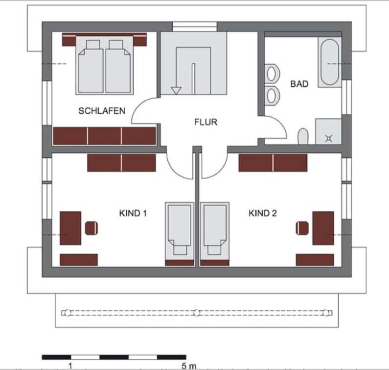 Grundriss eines Hauses: links Schlafzimmer, Mitte Flur, rechts Bad, unten Kinder 1 und 2.