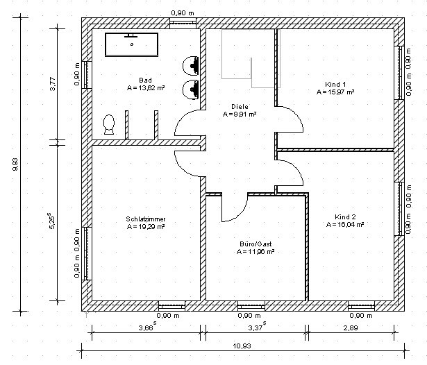 2D-Hausgrundriss mit Bad, Schlafzimmer, Kind 1, Kind 2, Büro und Diele.