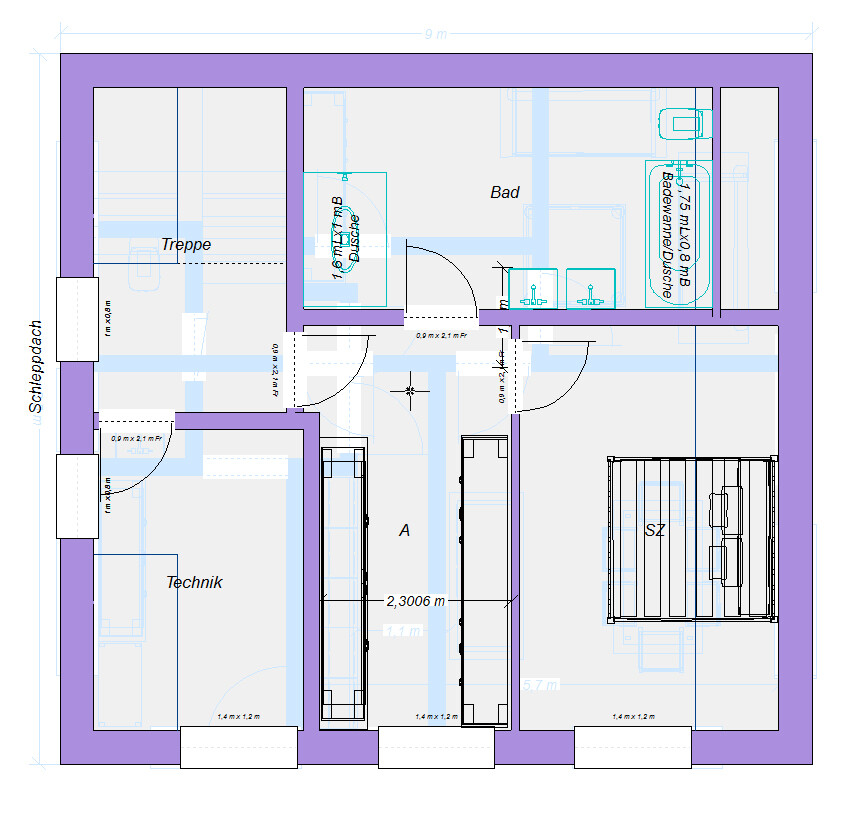 Grundriss eines Hauses mit Technik, Schlafzimmer, Bad, Treppe, Türen.
