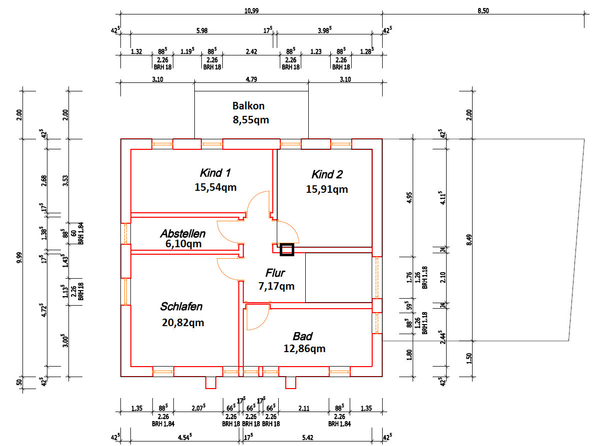 2D-Grundriss eines Hauses mit Schlafzimmer, zwei Kinderzimmern, Flur, Bad, Abstellraum und Balkon
