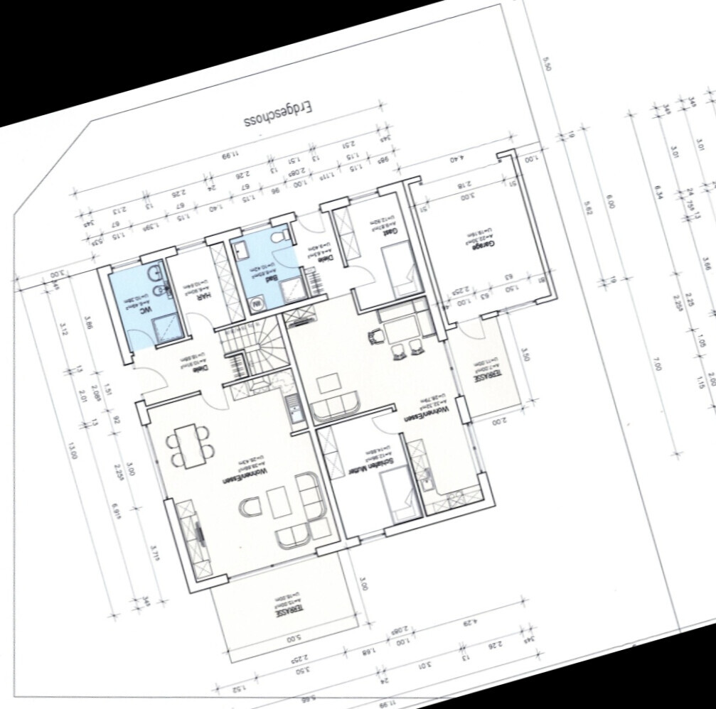 2D-Grundriss eines Wohnhauses mit Wohnzimmer, Küche und Schlafzimmer