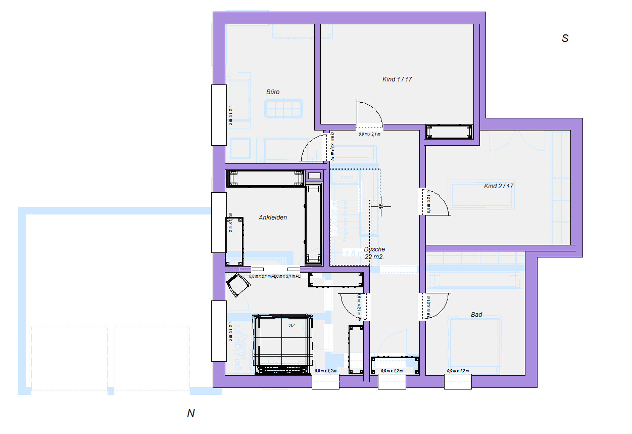 Grundriss eines Wohnhauses: Schlafzimmer, Bad, Dusche, Ankleide, Büro, zwei Kinderzimmer, Flure