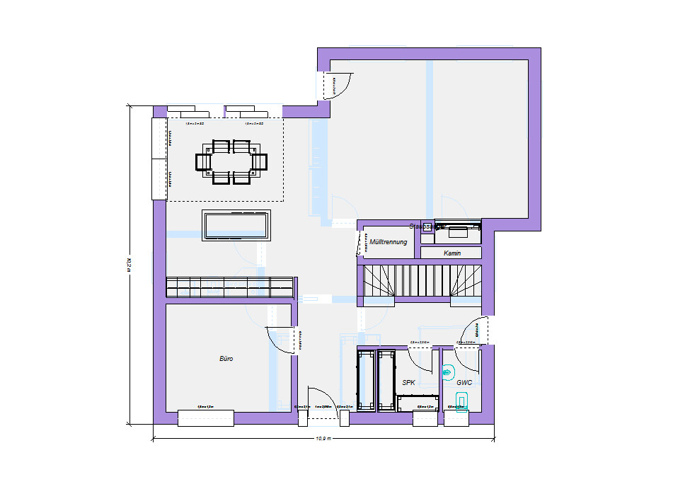 2D-Grundriss eines Hauses mit Büro, Küche, Kamin und Treppen