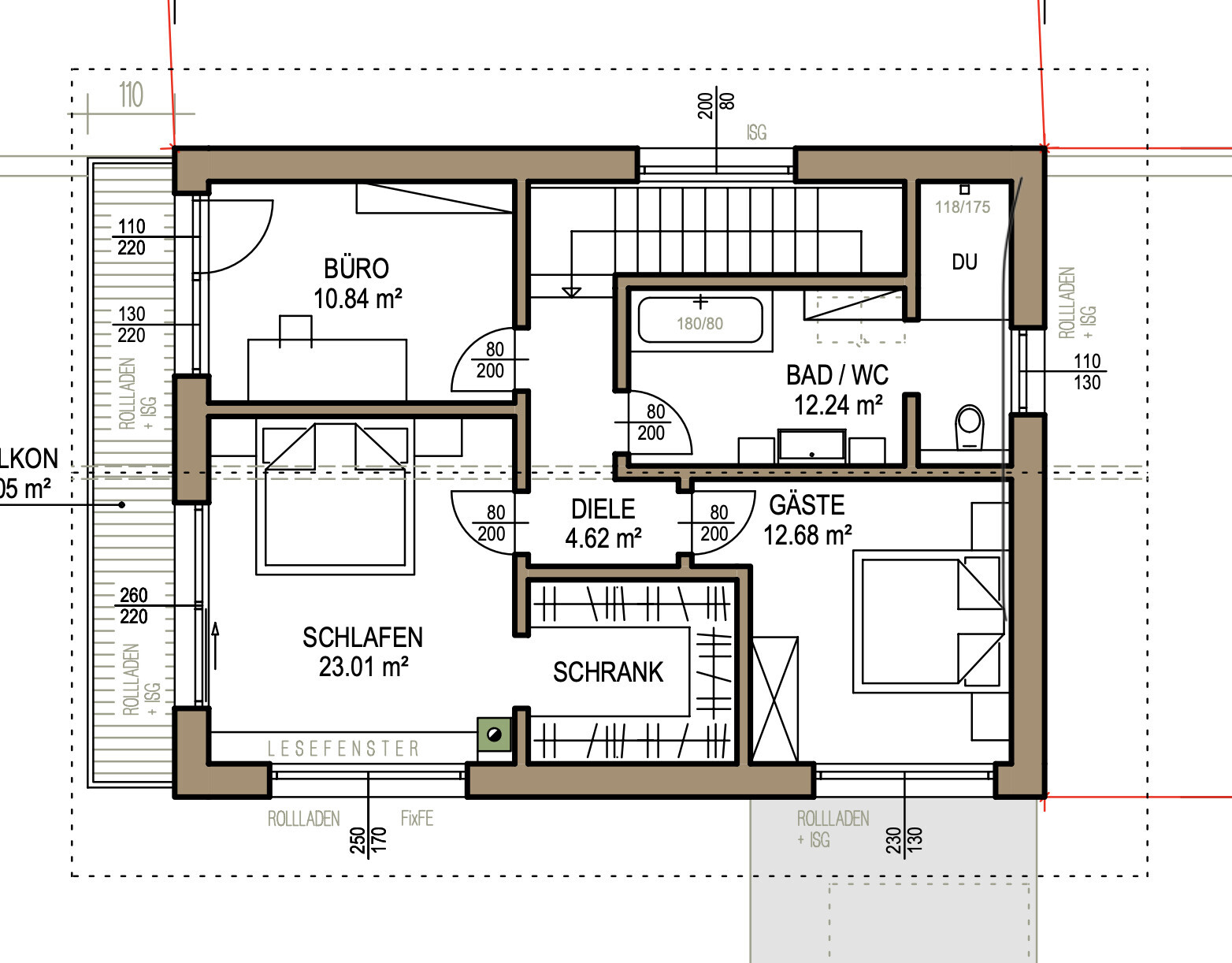 Grundriss eines Obergeschosses mit Büro, Schlafen, Gäste, Bad/WC, Diele, Balkon und Schrank.
