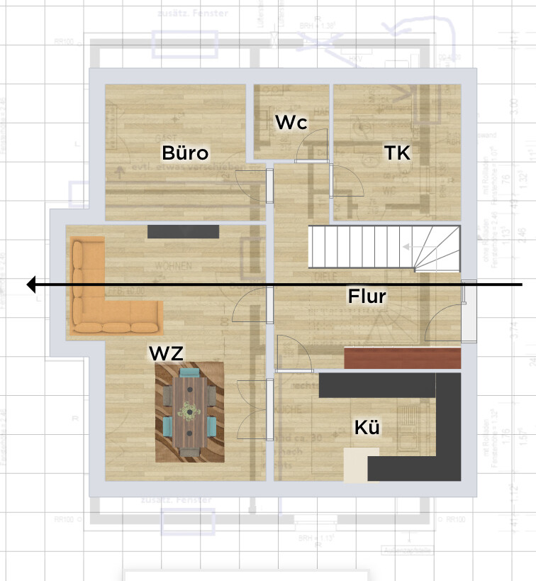Grundriss einer Etage mit Flur, Wohnzimmer (WZ), Küche, Büro, WC, TK, Treppenaufgang