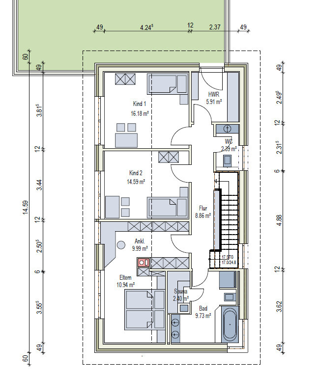 Grundriss eines Wohnhauses mit Flur, HWR, WC, Bad, Sauna, Eltern- und Kinderzimmern.