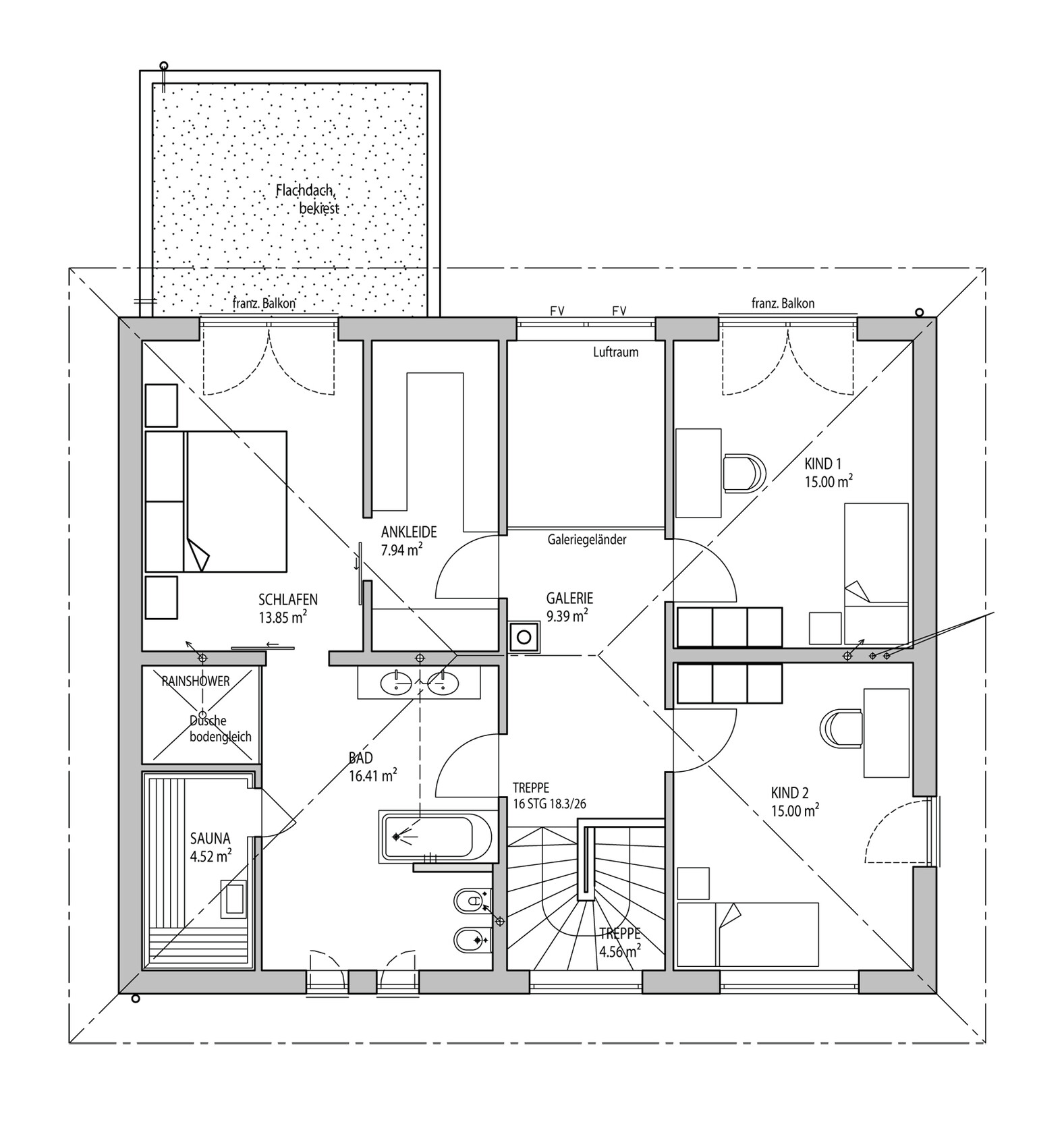 Grundriss eines Dachgeschosses mit Schlafzimmer, Bad, Sauna, Galerie, Ankleide und zwei Kinderzimmer