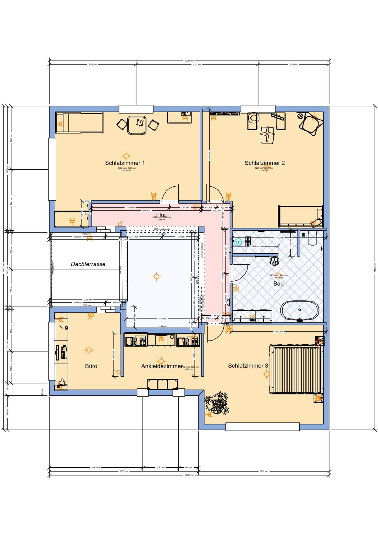 Grundriss eines Hauses mit Schlafzimmern 1–3, Bad, Büro, Ankleide, Flur und Dachterrasse.