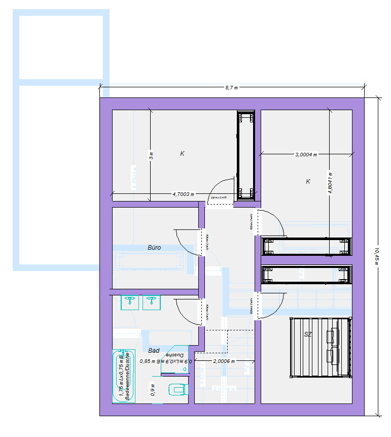 Grundriss eines Wohnhauses: Räume, Türen, Treppenhaus, Büro, Bad, Schlafzimmer.