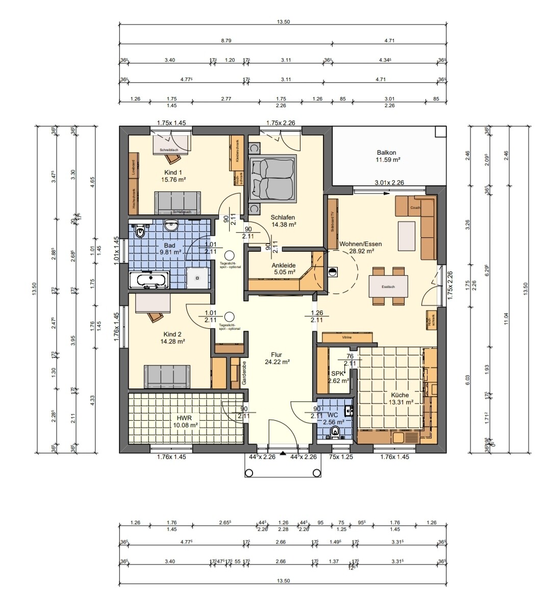 Grundriss eines Hauses: zwei Kinderzimmer, Schlafzimmer, Bad, Ankleide, Küche, Wohnzimmer, Flur.